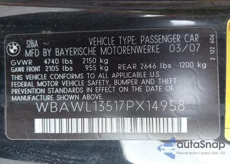 2007 BMW 328 I из США, поврежденный, VIN WBAWL13517PX14958